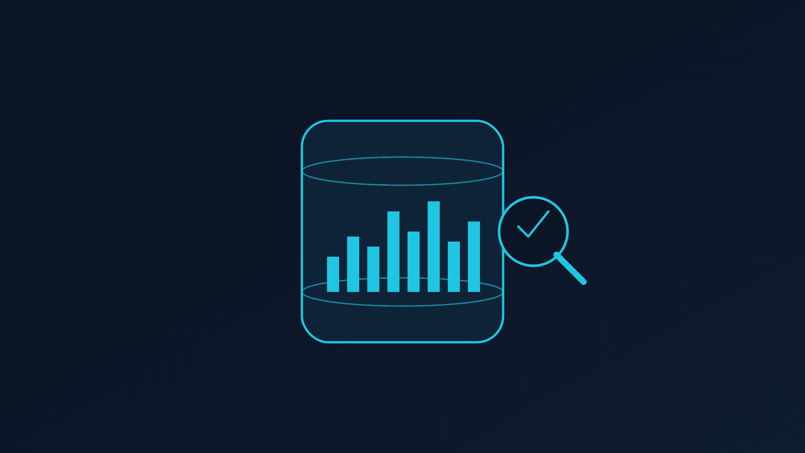 Blue database cylinder with a bar chart inside and a magnifying glass with checkmark.